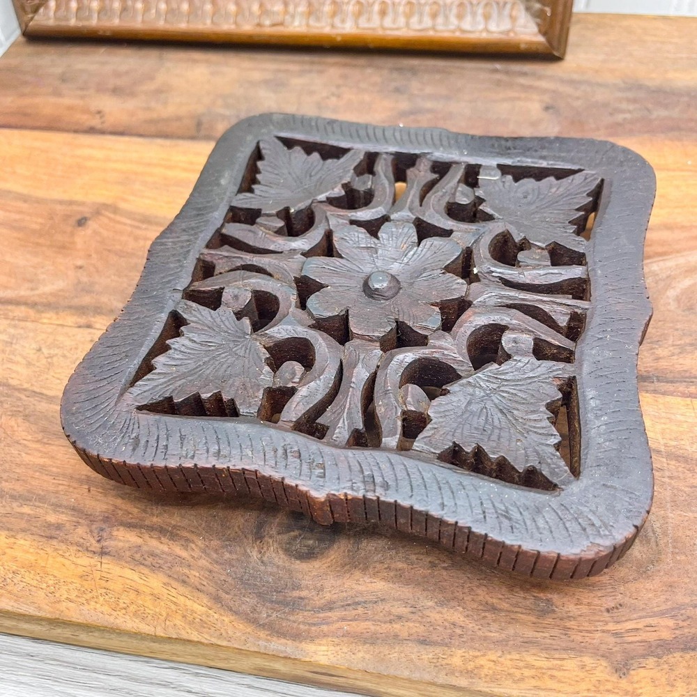 Vintage Floral Carved Wood Trivet: 1960s Home Decor